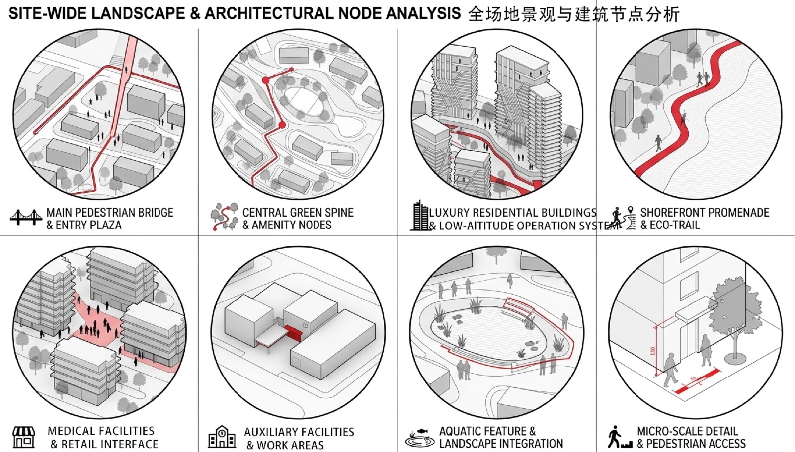 全场地景观与建筑节点分析：八个关键节点微轴测