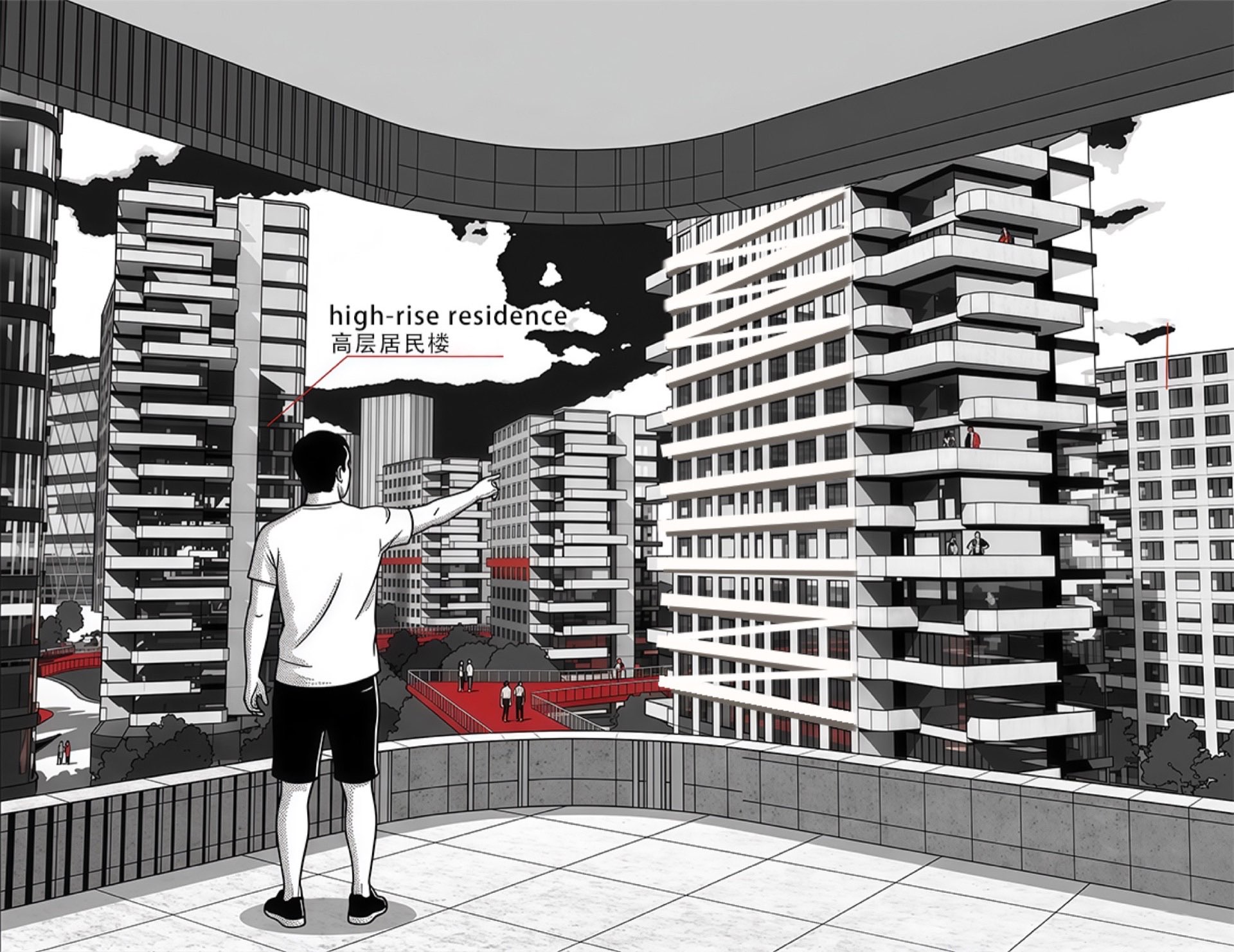 高层居民楼：屋顶平台远眺住区天际线